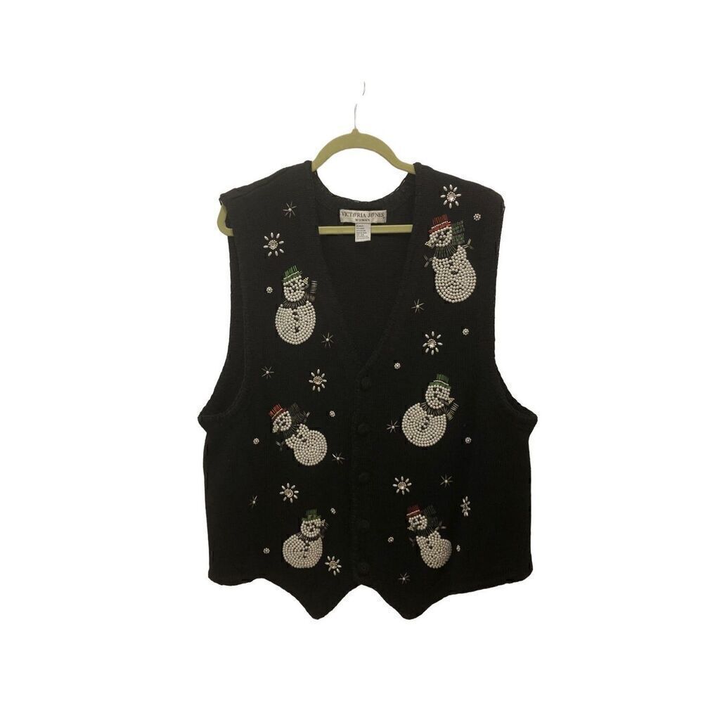 Victoria Jones Women's Black Snowman Vest with Pearls & Stud Beads Detail Size 2